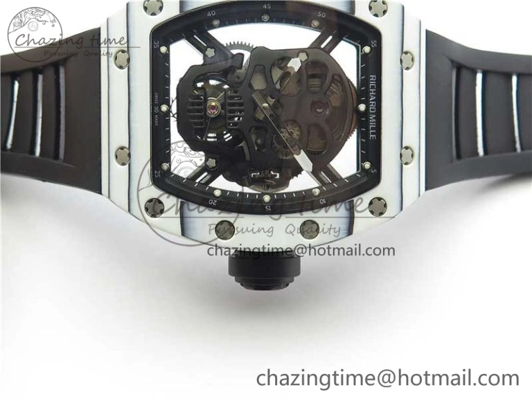 RM052-01 Tourbillon PVD White Bezel JBF Best Edition Skeleton Dial on Black Rubber Strap