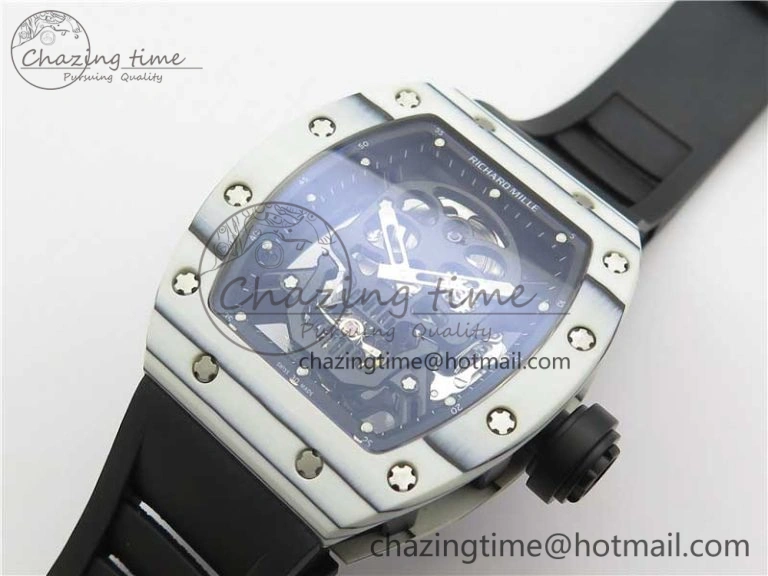 RM052-01 Tourbillon PVD White Bezel JBF Best Edition Skeleton Dial on Black Rubber Strap