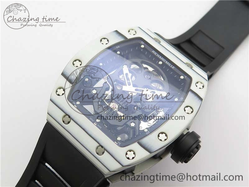 RM052-01 Tourbillon PVD White Bezel JBF Best Edition Skeleton Dial on Black Rubber Strap