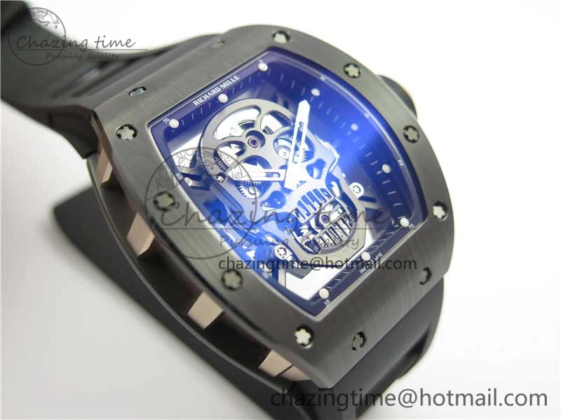 RM052 Skull Black Ceramic ZF 1:1 Best Edition PVD Skeleton Dial on Black Rubber Strap NH05A