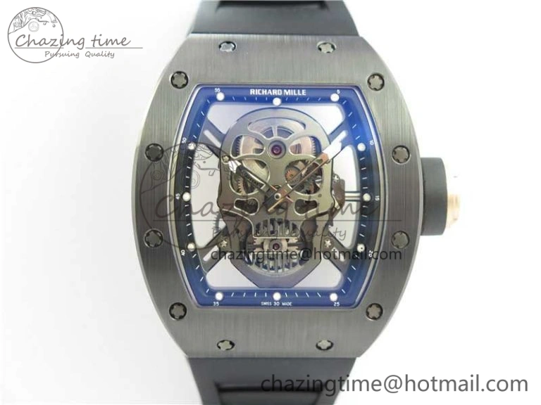 RM052 Skull Black Ceramic ZF 1:1 Best Edition PVD Skeleton Dial on Black Rubber Strap NH05A
