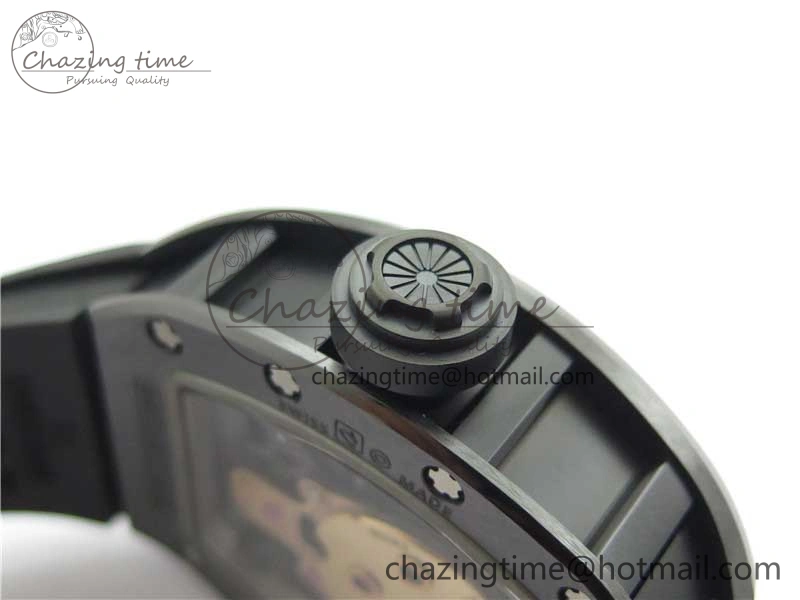RM052 Skull Brushed Black Ceramic Real Tourbillon JBF 1:1 Best Edition RG Skull Dial on Black Rubber Strap