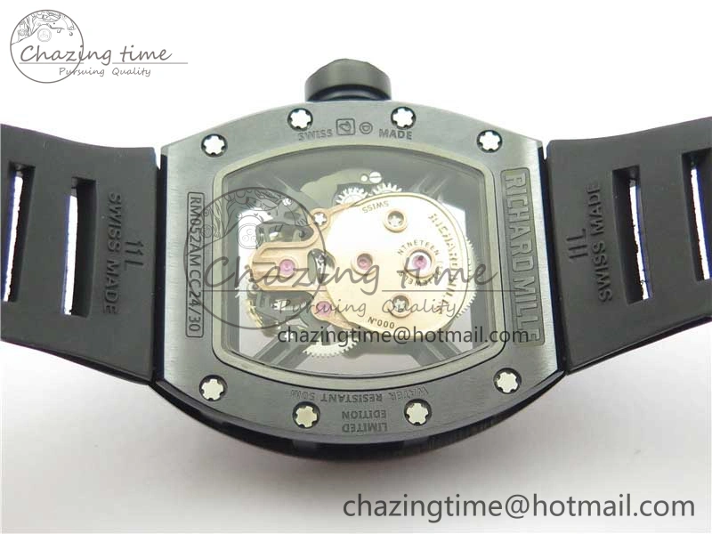 RM052 Skull Brushed Black Ceramic Real Tourbillon JBF 1:1 Best Edition RG Skull Dial on Black Rubber Strap