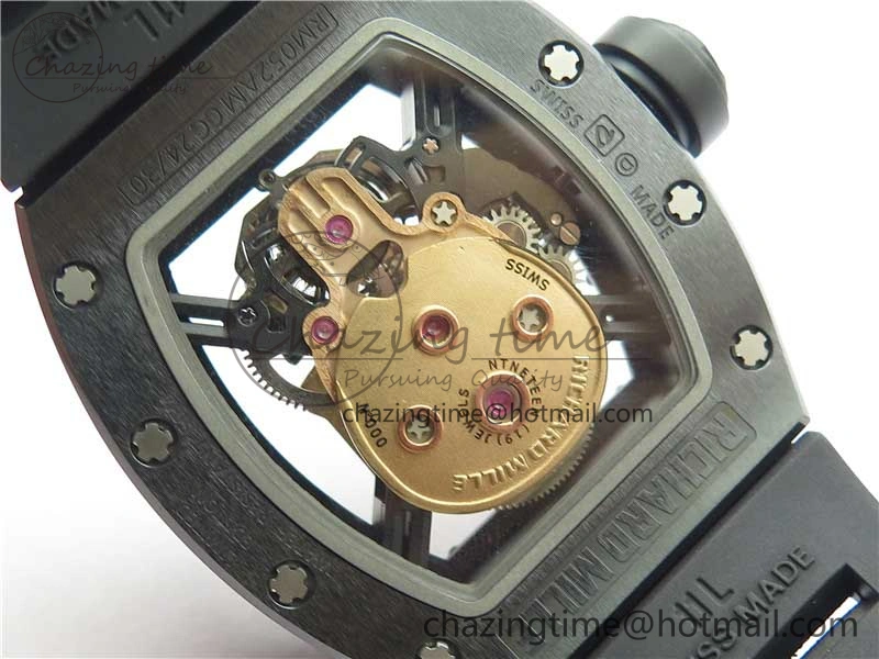 RM052 Skull Brushed Black Ceramic Real Tourbillon JBF 1:1 Best Edition RG Skull Dial on Black Rubber Strap