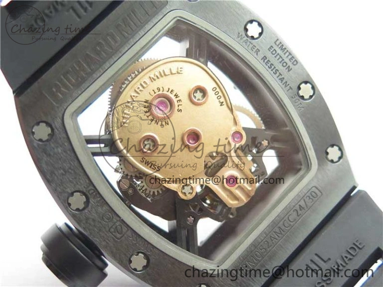 RM052 Skull Brushed Black Ceramic Real Tourbillon JBF 1:1 Best Edition RG Skull Dial on Black Rubber Strap