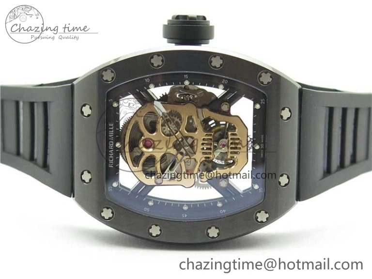 RM052 Skull Brushed Black Ceramic Real Tourbillon JBF 1:1 Best Edition RG Skull Dial on Black Rubber Strap