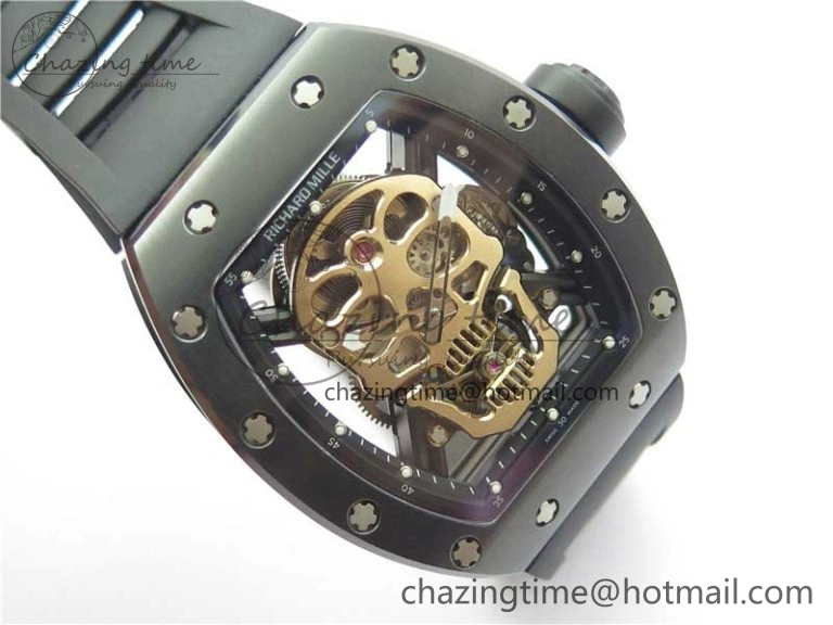 RM052 Skull Brushed Black Ceramic Real Tourbillon JBF 1:1 Best Edition RG Skull Dial on Black Rubber Strap
