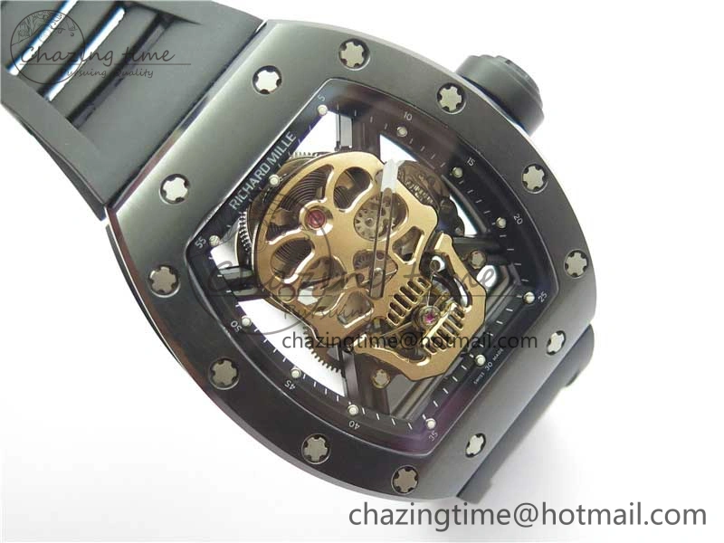 RM052 Skull Brushed Black Ceramic Real Tourbillon JBF 1:1 Best Edition RG Skull Dial on Black Rubber Strap