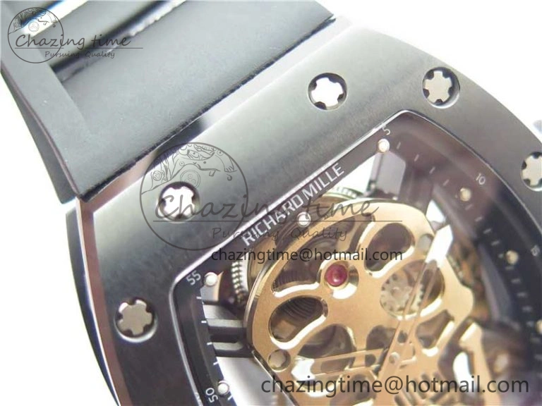 RM052 Skull Brushed Black Ceramic Real Tourbillon JBF 1:1 Best Edition RG Skull Dial on Black Rubber Strap