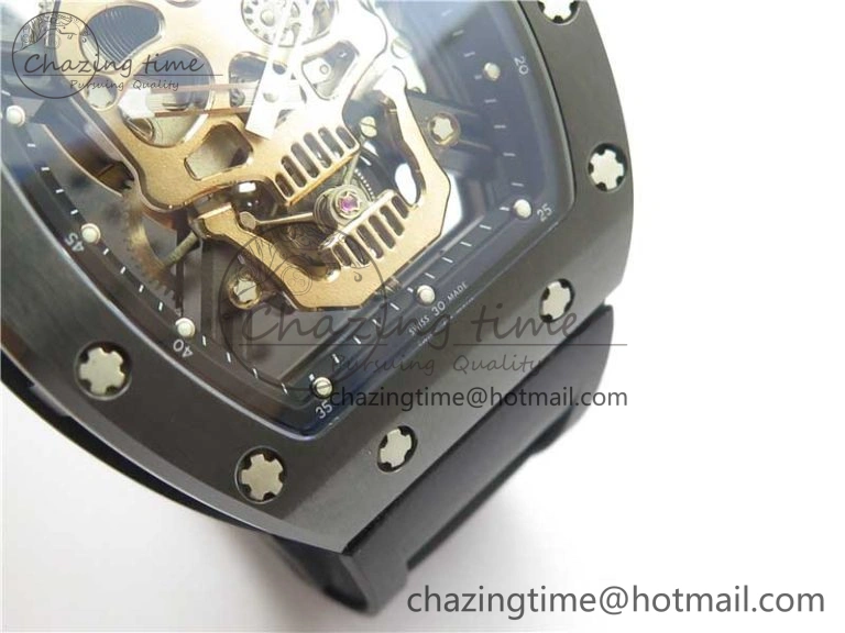 RM052 Skull Brushed Black Ceramic Real Tourbillon JBF 1:1 Best Edition RG Skull Dial on Black Rubber Strap