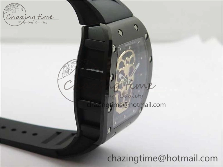 RM052 Skull Brushed Black Ceramic Real Tourbillon JBF 1:1 Best Edition RG Skull Dial on Black Rubber Strap