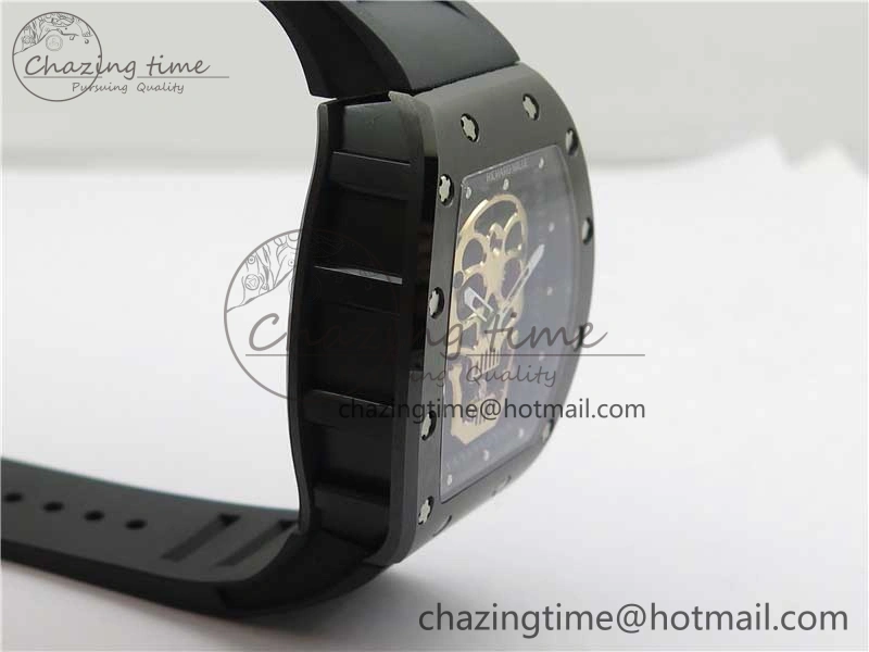 RM052 Skull Brushed Black Ceramic Real Tourbillon JBF 1:1 Best Edition RG Skull Dial on Black Rubber Strap