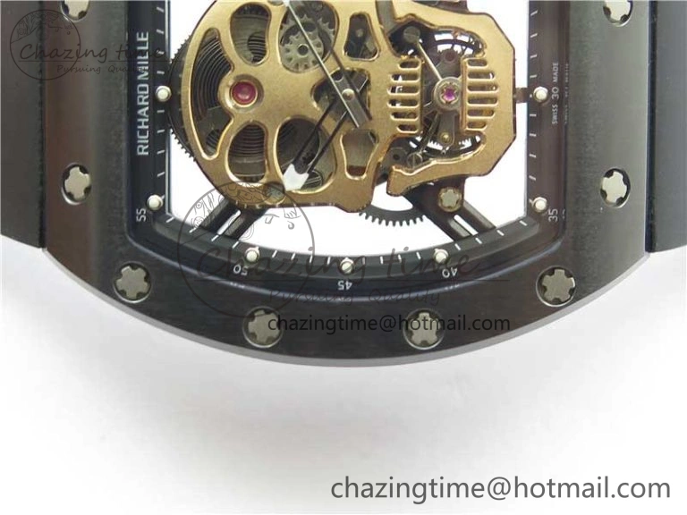RM052 Skull Brushed Black Ceramic Real Tourbillon JBF 1:1 Best Edition RG Skull Dial on Black Rubber Strap