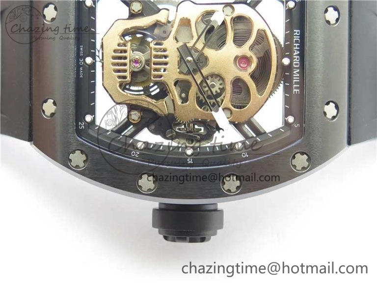 RM052 Skull Brushed Black Ceramic Real Tourbillon JBF 1:1 Best Edition RG Skull Dial on Black Rubber Strap