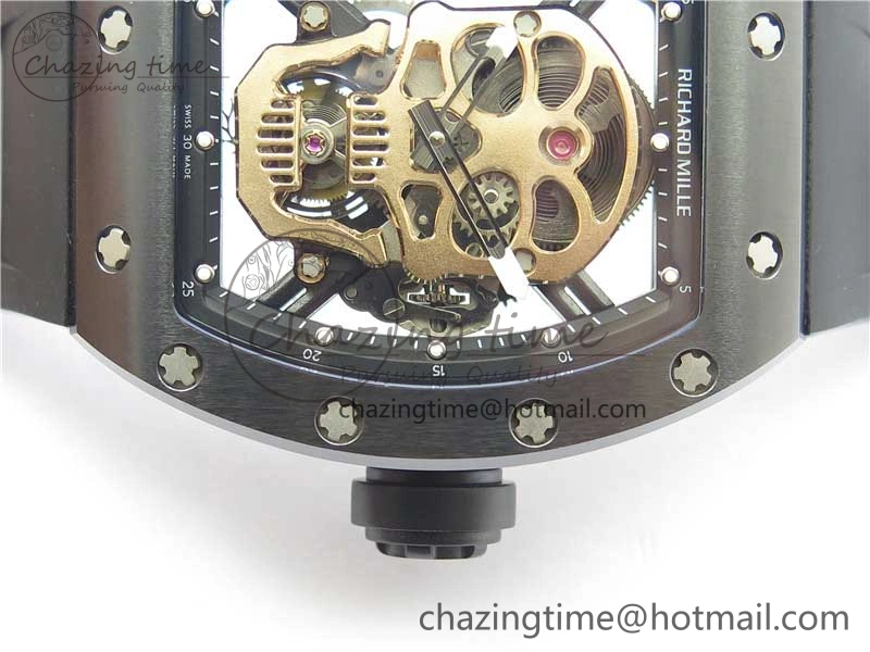 RM052 Skull Brushed Black Ceramic Real Tourbillon JBF 1:1 Best Edition RG Skull Dial on Black Rubber Strap