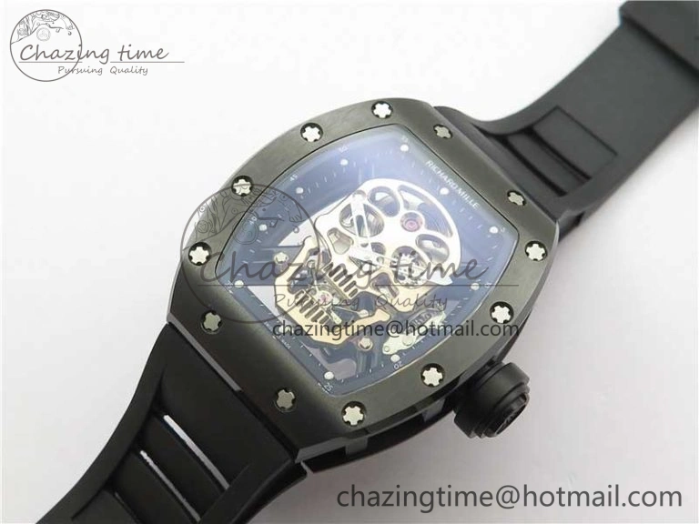 RM052 Skull Brushed Black Ceramic Real Tourbillon JBF 1:1 Best Edition RG Skull Dial on Black Rubber Strap