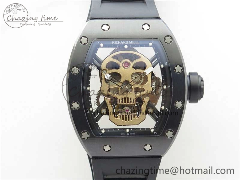 RM052 Skull Brushed Black Ceramic Real Tourbillon JBF 1:1 Best Edition RG Skull Dial on Black Rubber Strap