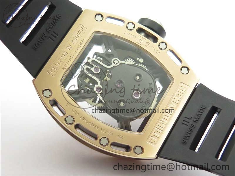 RM052 Skull RG Real Tourbillon JBF 1:1 Best Edition Black Skull Dial on Black Rubber Strap