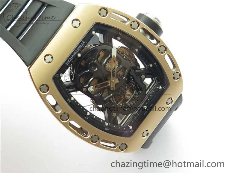 RM052 Skull RG Real Tourbillon JBF 1:1 Best Edition Black Skull Dial on Black Rubber Strap
