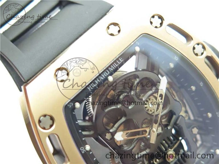RM052 Skull RG Real Tourbillon JBF 1:1 Best Edition Black Skull Dial on Black Rubber Strap