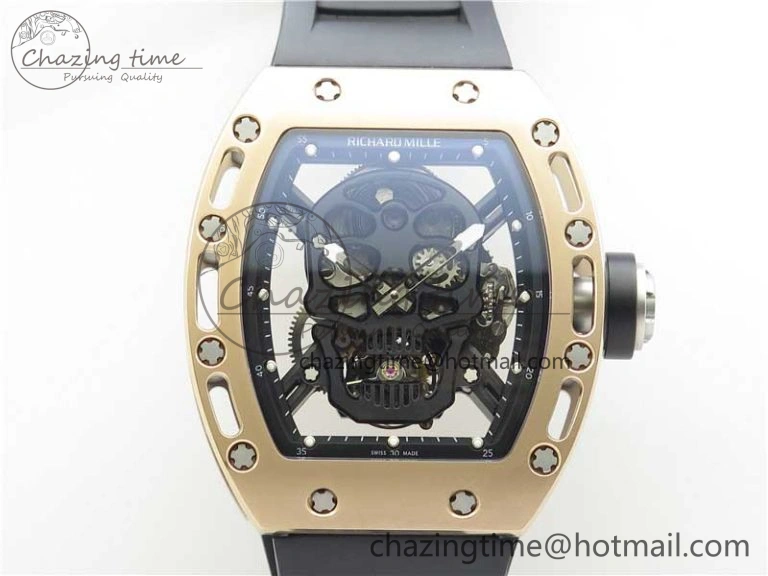RM052 Skull RG Real Tourbillon JBF 1:1 Best Edition Black Skull Dial on Black Rubber Strap