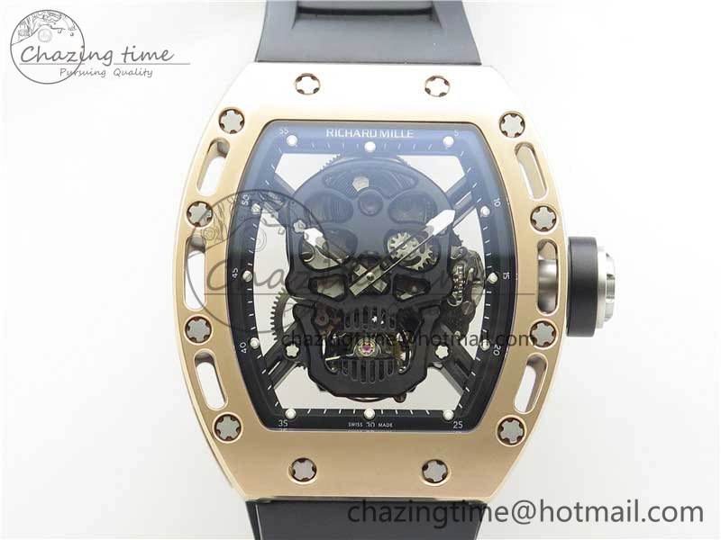 RM052 Skull RG Real Tourbillon JBF 1:1 Best Edition Black Skull Dial on Black Rubber Strap