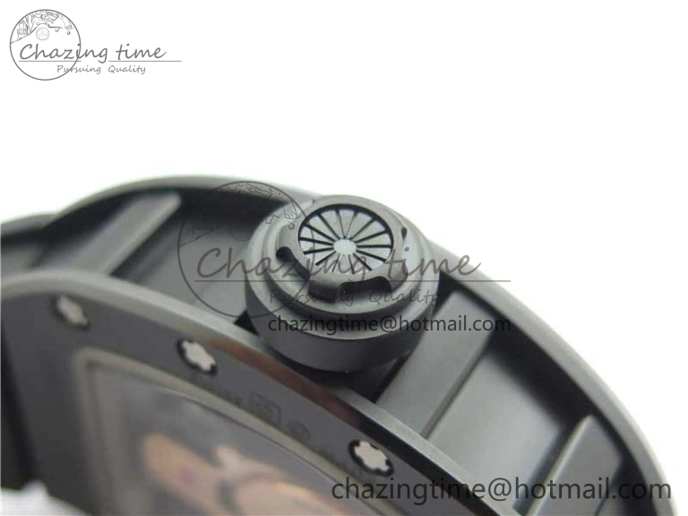 RM052 Skull Sandblasted Black Ceramic Real Tourbillon JBF 1:1 Best Edition RG Skull Dial on Black Rubber Strap