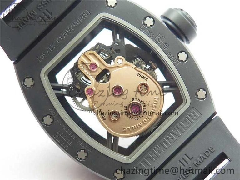 RM052 Skull Sandblasted Black Ceramic Real Tourbillon JBF 1:1 Best Edition RG Skull Dial on Black Rubber Strap