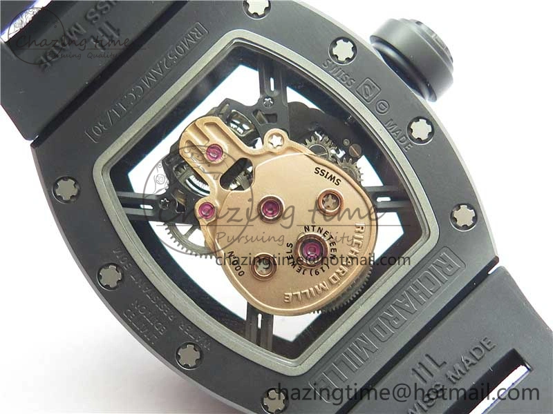 RM052 Skull Sandblasted Black Ceramic Real Tourbillon JBF 1:1 Best Edition RG Skull Dial on Black Rubber Strap