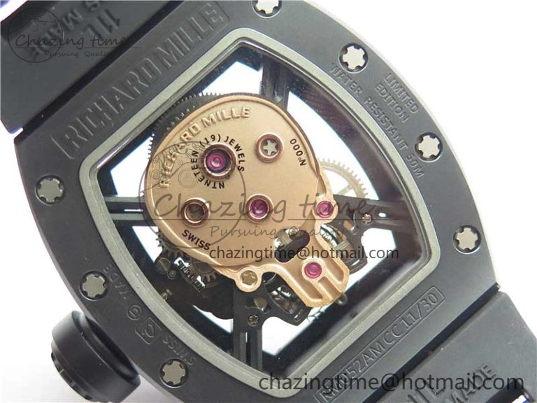 RM052 Skull Sandblasted Black Ceramic Real Tourbillon JBF 1:1 Best Edition RG Skull Dial on Black Rubber Strap