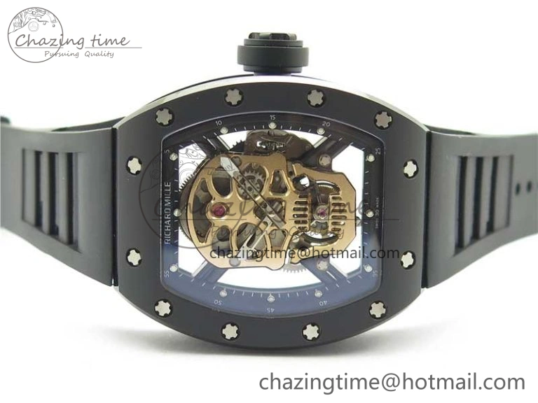 RM052 Skull Sandblasted Black Ceramic Real Tourbillon JBF 1:1 Best Edition RG Skull Dial on Black Rubber Strap
