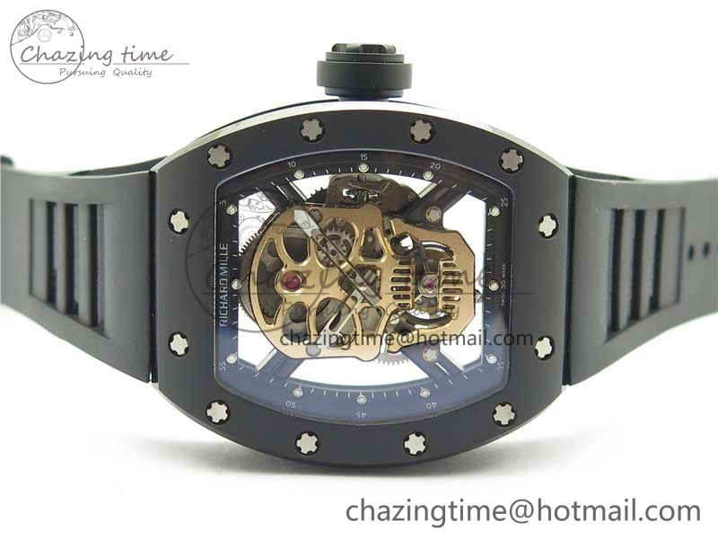 RM052 Skull Sandblasted Black Ceramic Real Tourbillon JBF 1:1 Best Edition RG Skull Dial on Black Rubber Strap