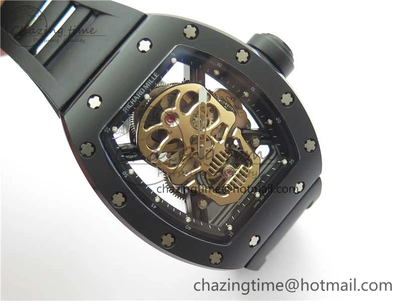 RM052 Skull Sandblasted Black Ceramic Real Tourbillon JBF 1:1 Best Edition RG Skull Dial on Black Rubber Strap