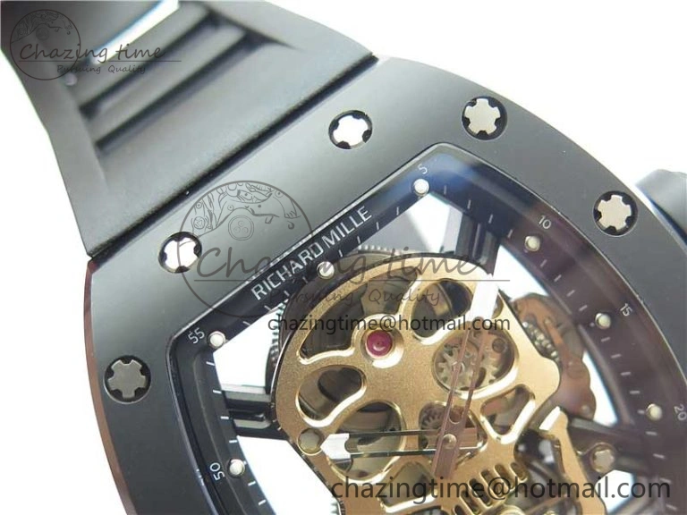RM052 Skull Sandblasted Black Ceramic Real Tourbillon JBF 1:1 Best Edition RG Skull Dial on Black Rubber Strap