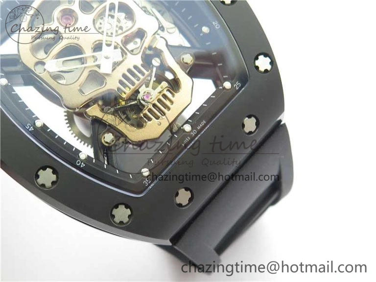 RM052 Skull Sandblasted Black Ceramic Real Tourbillon JBF 1:1 Best Edition RG Skull Dial on Black Rubber Strap