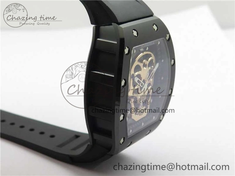 RM052 Skull Sandblasted Black Ceramic Real Tourbillon JBF 1:1 Best Edition RG Skull Dial on Black Rubber Strap