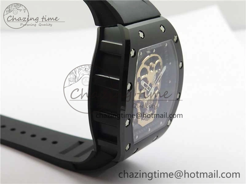 RM052 Skull Sandblasted Black Ceramic Real Tourbillon JBF 1:1 Best Edition RG Skull Dial on Black Rubber Strap