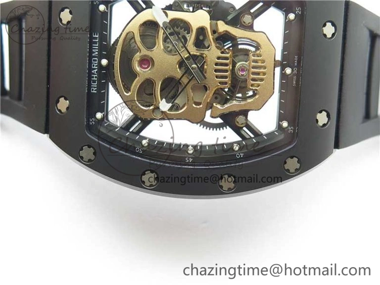RM052 Skull Sandblasted Black Ceramic Real Tourbillon JBF 1:1 Best Edition RG Skull Dial on Black Rubber Strap