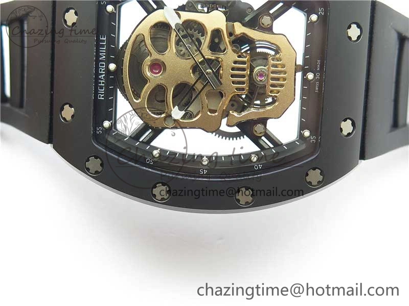 RM052 Skull Sandblasted Black Ceramic Real Tourbillon JBF 1:1 Best Edition RG Skull Dial on Black Rubber Strap