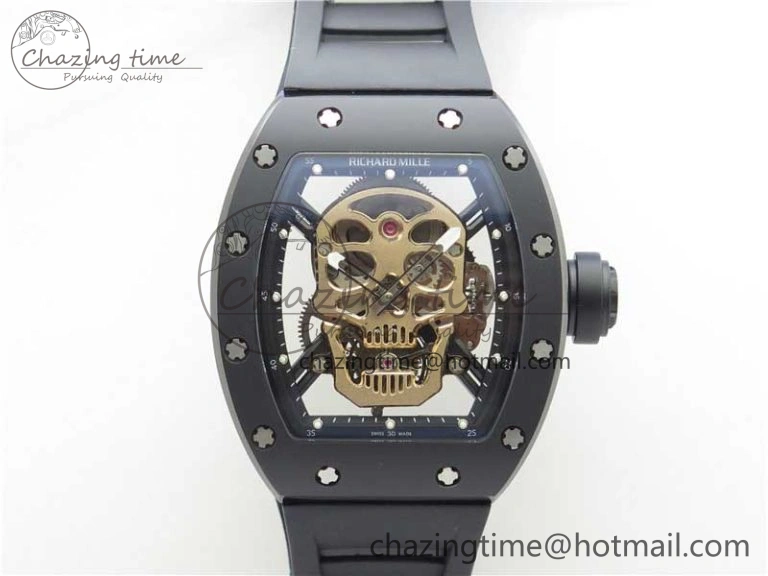 RM052 Skull Sandblasted Black Ceramic Real Tourbillon JBF 1:1 Best Edition RG Skull Dial on Black Rubber Strap