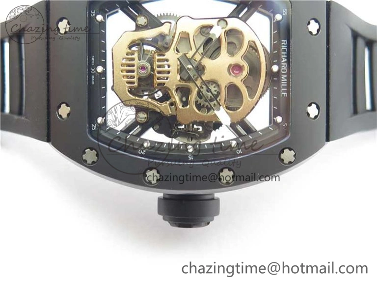 RM052 Skull Sandblasted Black Ceramic Real Tourbillon JBF 1:1 Best Edition RG Skull Dial on Black Rubber Strap