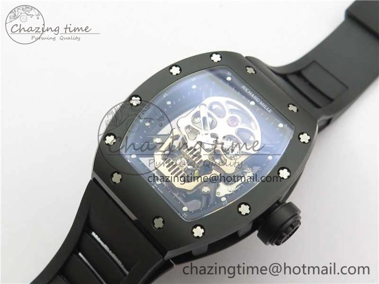 RM052 Skull Sandblasted Black Ceramic Real Tourbillon JBF 1:1 Best Edition RG Skull Dial on Black Rubber Strap