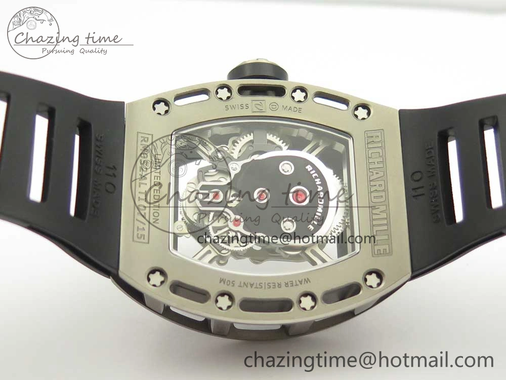 RM052 Titanium Real Tourbillon EURF Best Edition Skeleton Skull Dial on Black Rubber Strap