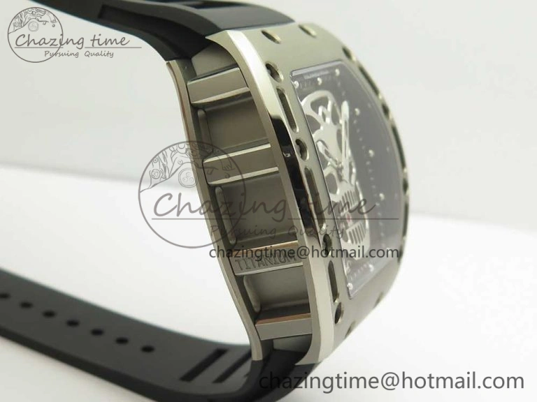 RM052 Titanium Real Tourbillon EURF Best Edition Skeleton Skull Dial on Black Rubber Strap