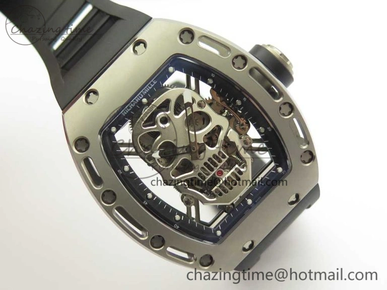 RM052 Titanium Real Tourbillon EURF Best Edition Skeleton Skull Dial on Black Rubber Strap