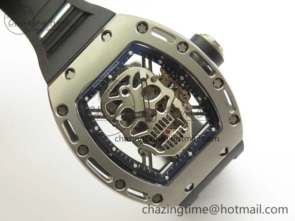 RM052 Titanium Real Tourbillon EURF Best Edition Skeleton Skull Dial on Black Rubber Strap