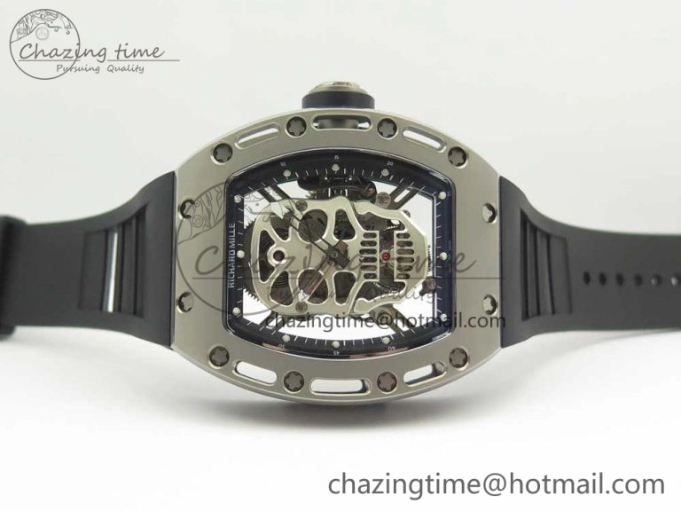 RM052 Titanium Real Tourbillon EURF Best Edition Skeleton Skull Dial on Black Rubber Strap