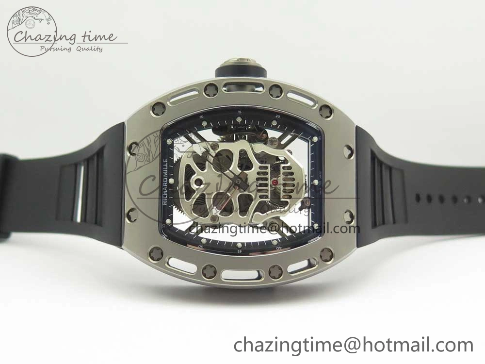 RM052 Titanium Real Tourbillon EURF Best Edition Skeleton Skull Dial on Black Rubber Strap