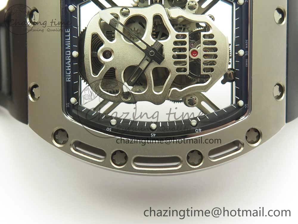 RM052 Titanium Real Tourbillon EURF Best Edition Skeleton Skull Dial on Black Rubber Strap