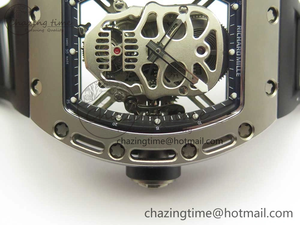 RM052 Titanium Real Tourbillon EURF Best Edition Skeleton Skull Dial on Black Rubber Strap